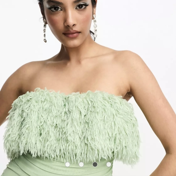 ASOS DESIGN bandeau faux feather mesh midi dress in sage green - 8 - Picture 6 of 8
